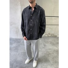 Difransel Jeans Desenli Oversize Premium Modern Kesim Siyah Gömlek