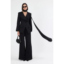 Diemmood Kadın Modern Şal Detaylı Pantolon Ceket Siyah Takım