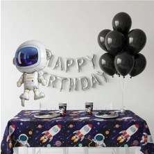 Umamiçe Uzay Parti Seti – 10 Siyah Balon + 8'li Tabak Bardak + Folyo Balon + Masa Örtüsü
