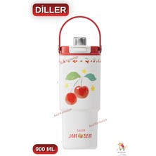Vagonlife Diller 900 ml Desenli Çift Içim Pipetli / Pipetsiz Termos Taşıma Askılı Termos