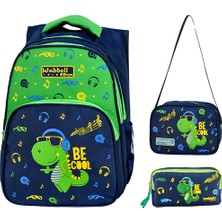 Niss Store Waddell Yeşil Lacivert Dinazor Baskılı Erkek Ilkokul Çantası Beslenme Çantası ve Iki Gözlü Kalemlik