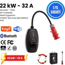 Evwallbox 22KW V3 Türkçe Mobil Uygulama 5 Yıl Garanti, (Tekli Kombinasyon Panosu, 5 mt Tip2 Araç Şarj Kablosu, taşıma Çantası ve 220V Dönüştürücü Adaptör)