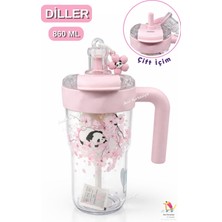 Vagonlife Diller Figürlü 860 ml Süzgeçli Matara Pembe Tritan Malzeme ile Dayanıklı ve Hafif