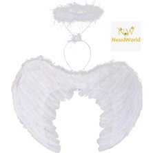 MegaSepet Mey Ithalat® Beyaz Renkli Tüylü Bebek Melek Kanadı ve Tacı 30X45 cm