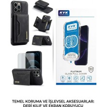 KVK Teknik Servis iPHONE 14 Premium Deri Kartlık Kılıf Manyetik Kapaklı Telefon Koruyucu Standlı +9h Cam Full Cover Ekran Koruyucu Set - Tak & Kullan Montaj Aparatlı