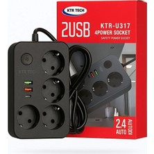 Gunkes Termal Akım Korumalı 2 Metre 4 Priz 2 USB 1 Type-C Girişli 2.4A Kablolu Dörtlü Priz