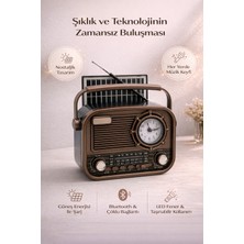 FaroxTech Nostaljik Solar Güneş Enerjili Radyo - Bluetoothlu, LED Fenerli ve Saatli Retro Müzik Kutusu