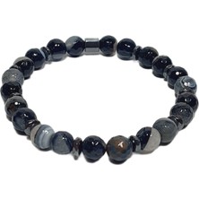 JTSS26BLK1809 Damarlı Göz Akik Hematit Doğaltaş Esnek Siyah 8 mm Garantili Janti Bileklik