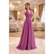 Neşeli Butik Kadın Mor V Yaka Simli Tül Abiye Elbise NBS9223