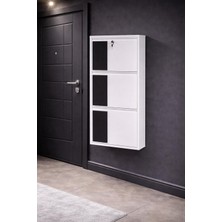Arinna 3'lü Kilitli Beyaz ( Siyah Ahşap Desenli ) Metal Ayakkabılık