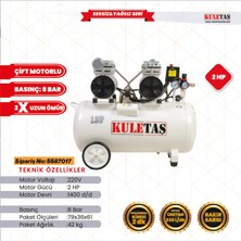Kuletaş 50 Litre Kompresör 2hp 8 Bar Ultra Sessiz Yağsız Çift Motorlu Bakır Sargılı Süper Hızlı