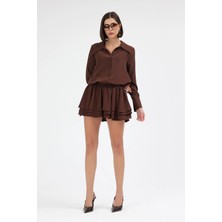 Diemmood Kadın Gömlek Yaka Volanlı Pileli Kahverengi Mini Elbise