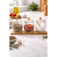 Nokka 3’lü Cam Baharatlık Seti Ahşap Standlı Kaşıklı Kapaklı Mutfak & Kavanoz Seti