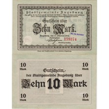 Banknoting Almanya Augsburg 10 Mark 1918 Notgeld Çil Kondisyon.