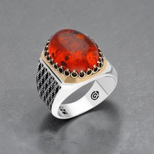 Takılingo 925 Ayar Gümüş Sıkma Kehribar Taşlı Telkari Model Erkek Yüzük