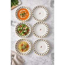 İliva 6’lı Çukur Tabak Seti – Siyah Şeritli Kuş Desenli Şık Yemek Tabağı & Modern Sofra Sunum Tabağı 16 cm