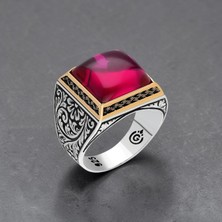 Takılingo 925 Ayar Gümüş Kırmızı Ruby Taşlı Kalem Işlemeli Erkek Yüzük