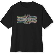 Tişört Kodu Core Denim Brooklyn Oversize Tişört – Modern Çizgi Desenli Unisex Siyah T-Shirt
