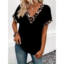 Lunelis Kadın Kısa Kollu V Leopar Yakalı Viskon Bluz