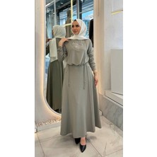 Esra Butik Taş Detaylı Büzgülü Bluz & Yan Fermuarlı Cepli Takım – Açık Yeşil Tesettür Ikili Takım