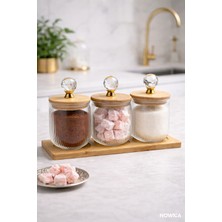 Nokka Kristal Kulplu Cam Kavanoz (8x8 Cm) Seti 3’lü – Bambu Kapaklı & Ahşap Altlıklı Dekoratif Saklama Kabı