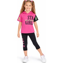 Sellfie Kız Çocuk Stay Girl Yazılı Kapüşonlu Tişört Kapri Taytlı Fuşya Renk İkili Takım