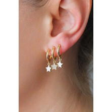 Nenya Vip Çelik Üçlü Görünümlü Zirkon Taş Detaylı Yıldız Küpe