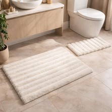 Rossev Tavşan Tüyü Krem Klozet Takımı Banyo Paspası Kaymaz TPR Taban Yıkanabilir 2'li Set 40x60-60x100