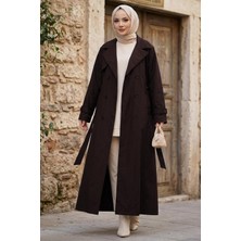 Hafsa Mina Kuşaklı Düğmeli Tamboy Trençkot Kahverengi HM2891