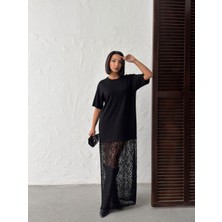 Jeevee Kadın Siyah Oversize Dantel Detaylı Maxi Elbise