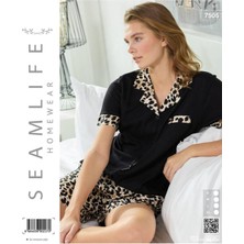 Seamlife Kadın Leopar Şortlu Kısa Kol Gömlek Dokuma Pijama Ev Takım