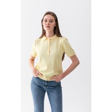 Wega Moda Polo Yaka Kısa Kollu Kadın Triko Tişört – Düğmeli Ince Örme Günlük Şık Kadın Tişört