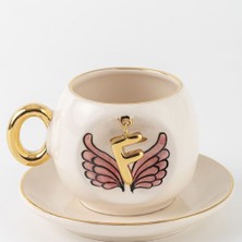 BSK Ceramics Handmade Harfli Pembe Melek Kahve Fincanı F Harfi