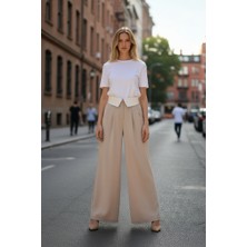 Bel Detay Pileli Bol Paça Pantolon Bej