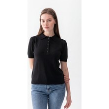 Wega Moda Polo Yaka Kısa Kollu Kadın Triko Tişört – Düğmeli Ince Örme Günlük Şık Kadın Tişört