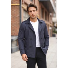 Mero Life Erkek Lacivert Mevsimlik Astarlı Kemerli Kruvaze Trençkot