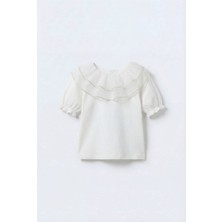 Magu Kız Çocuk Pamuklu Beyaz Volan Yaka Bluz - Gold Şerit Detaylı