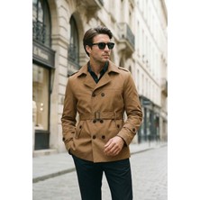 Mero Life Erkek Taba Mevsimlik Astarlı Kemerli Kruvaze Trençkot