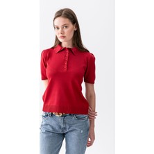 Wega Moda Polo Yaka Kısa Kollu Kadın Triko Tişört – Düğmeli Ince Örme Günlük Şık Kadın Tişört
