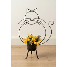 Desen Dekorasyon Kedi Figürlü Yer Saksılığı - Metal Üç Ayaklı Tek Saksı ve Çiçeklik