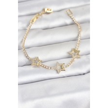 Vice Avm Pirinç Gold Renk Yıldız Model Zirkon Taşlı Su Yolu Kadın Bileklik (VICE/1395)