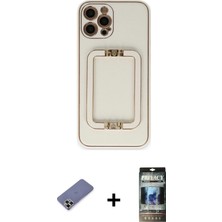 DS LLC Ieg™ iPhone 12 Pro Kılıf Kozmos Minimal Prime - Siyah 34D Hayalet Izgaralı Cam + Gold Metal Kam