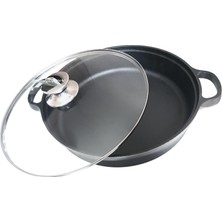 Naturpan Yayvan Döküm Tencere 30 cm Kaplamasız Gerçek Demir Döküm Çift Kulplu Cam Kapaklı Pilav ve Yemek Tenceresi