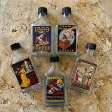 Vermeer Retro Stickerlı Vintage Tasarım 5'li Cam Kahve Şişesi ve Matarası - Sızdırmaz Kapaklı, Hediyelik Şişe