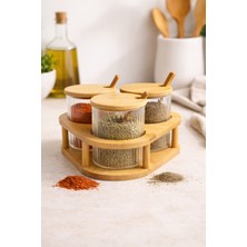 Nokka 3’lü Cam Baharatlık Seti Kaşıklı Bambu Standlı, Cam Baharat Kavanozu 8x8 cm
