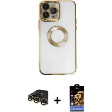 DS LLC Ieg™ iPhone 14 Pro Kılıf Pusula Form - Siyah Buffer Hayalet Cam Ekran Koruyucu + Gold Raze Metal