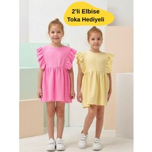 The Littles Kids Kız Çocuk 2 Adet Sarı ve Pembe Renk Kolları Fırfırlı Düğmeli Pamuklu Waffle Kumaş Yazlık Elbise-TOKA HEDİYELİ