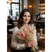 Hidden Botanics Pembe Krem Kuru Çiçek Buketi 45X35 cm Şoklanmış Doğal Aranjman - Bohem Rustik Ev Dekoru