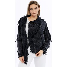 S-Ponder Kadın Özel Yıkamalı Asimetrik Kesim Saçaklı %100 Pamuklu Ceket