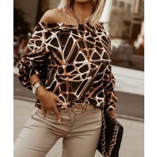 Lunelis Kadın Uzun Kollu V Yaka Düşük Omuz Geometrik Desen Şardonlu Dalgıç Bluz